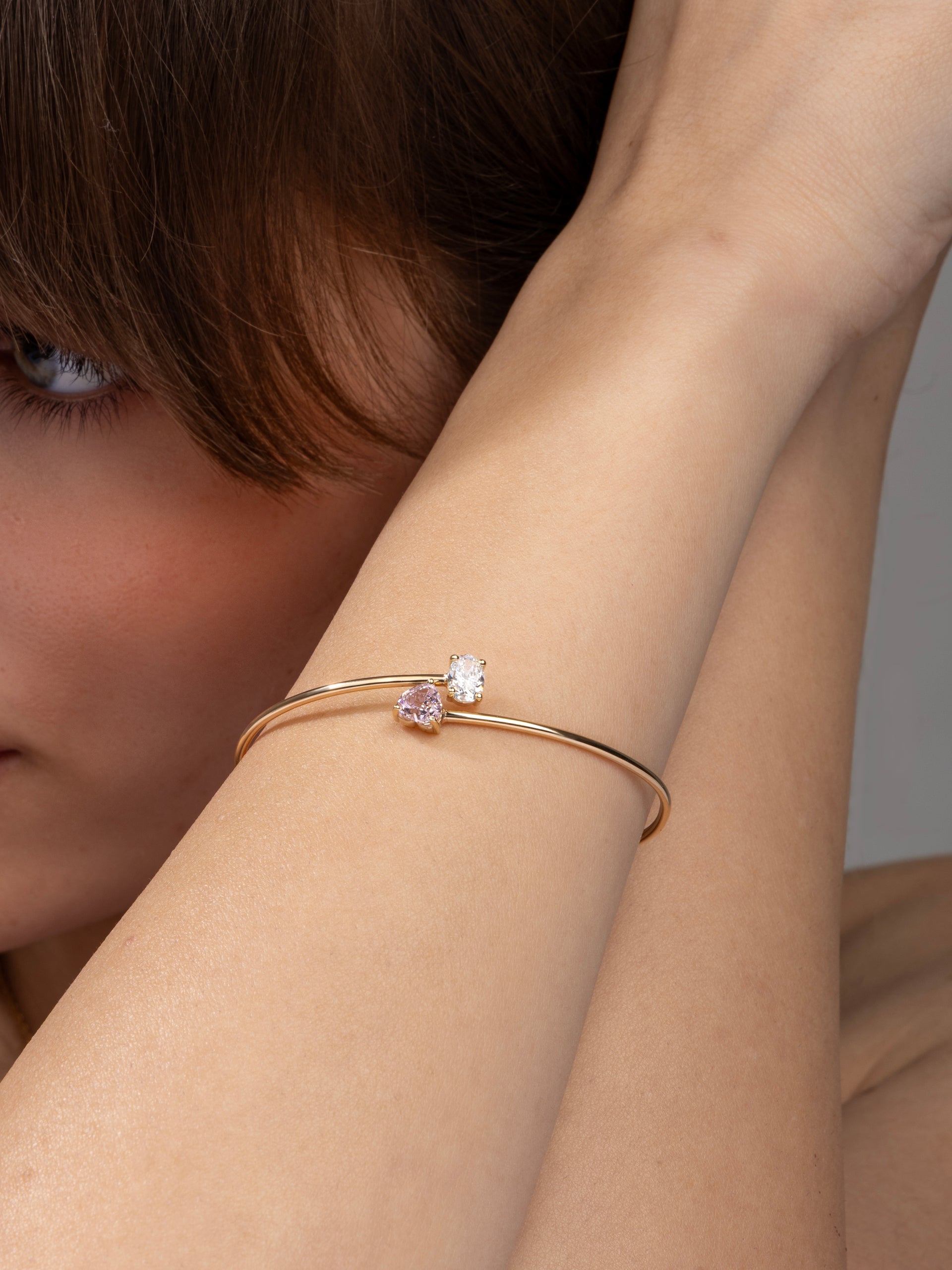 Pink Heart & Oval Stone Open Cuff Bracelet