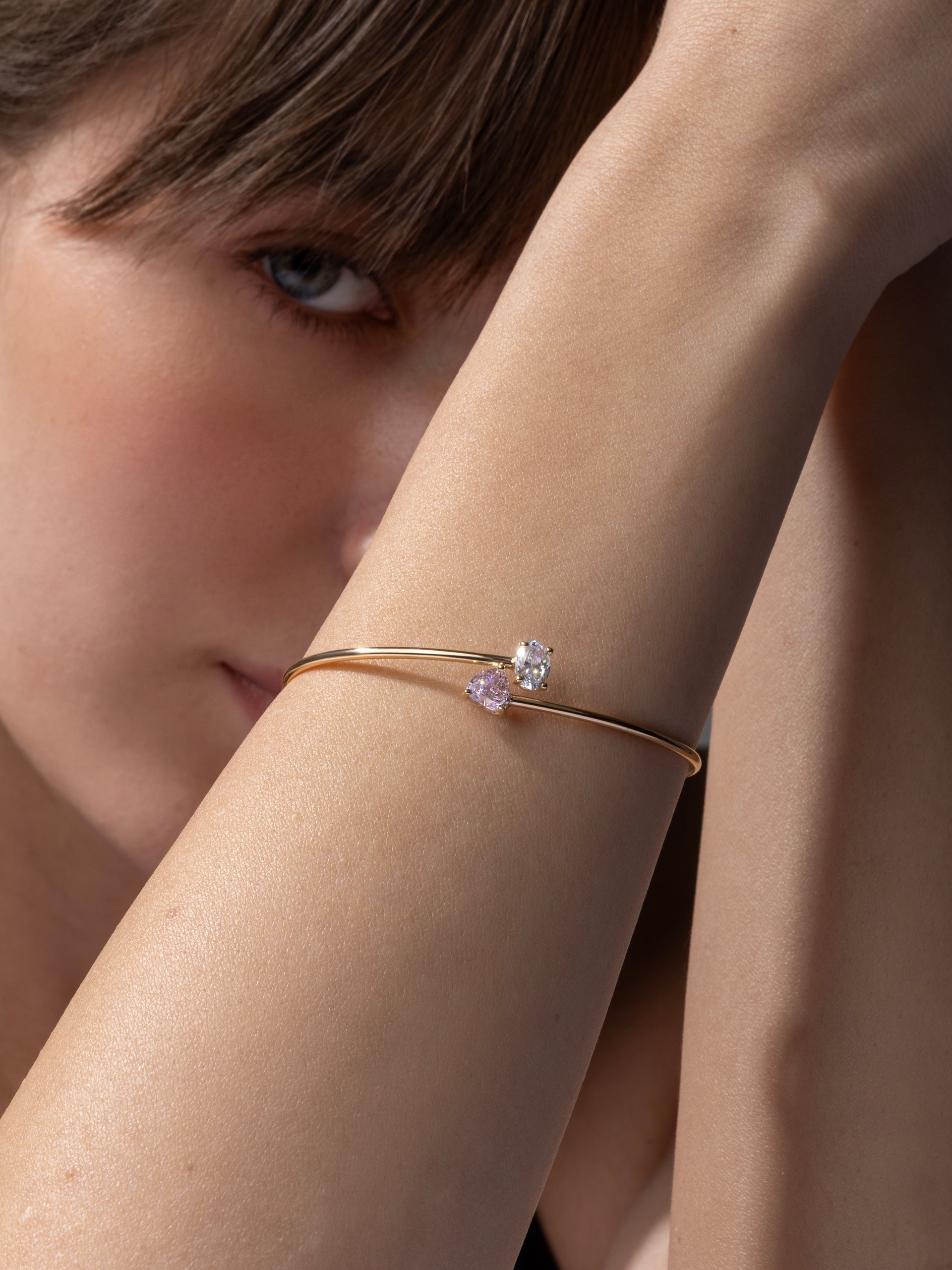 Pink Heart & Oval Stone Open Cuff Bracelet